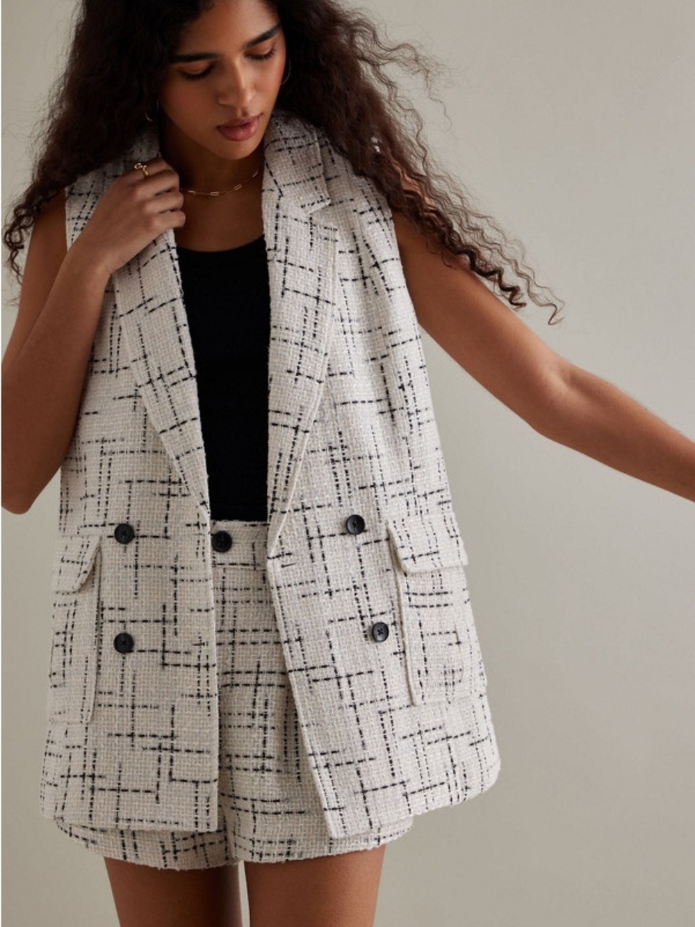 Anthropologie Maeve Sleeveless Tweed Vest - White with Black Grid